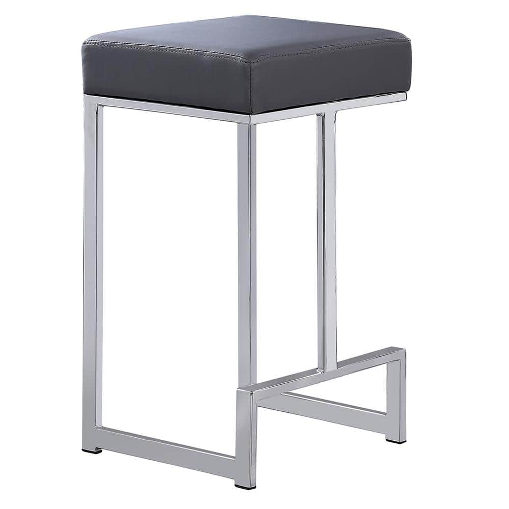Gray Faux Leather Backless Counter Stools with Steel Base, Set of 2