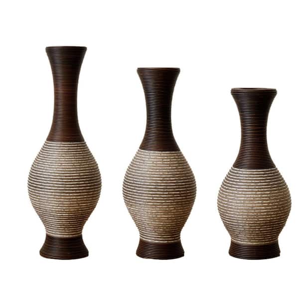 Olive-shaped Vase(set of 3) Coffee Brown & White Floor Vase, PVC Decorative Floor Vase, Hallway Decor Flower Stand