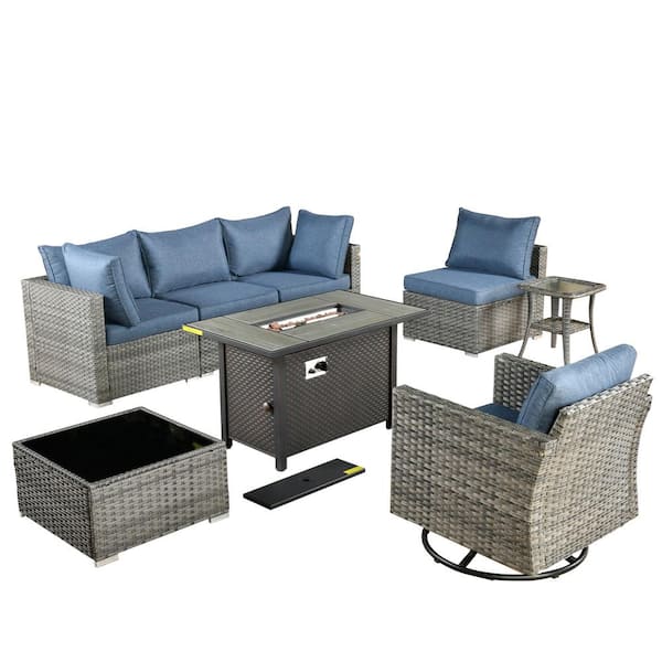 Sanibel Gray 8-Piece Wicker Outdoor Patio Conversation Sofa Sectional Set with a Metal Fire Pit and Denim Blue Cushions