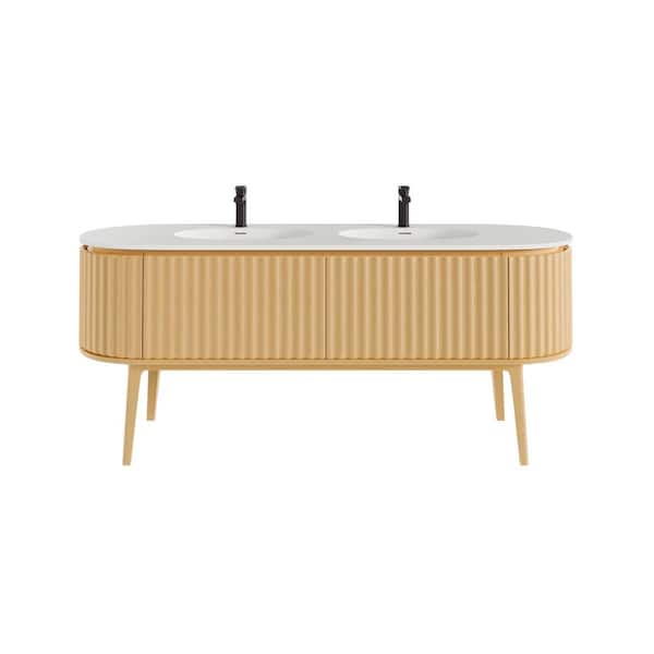 Haven 71 in. Double Sink Natural Oak Bath Vanity with White Solid Surface Top (Assembled)