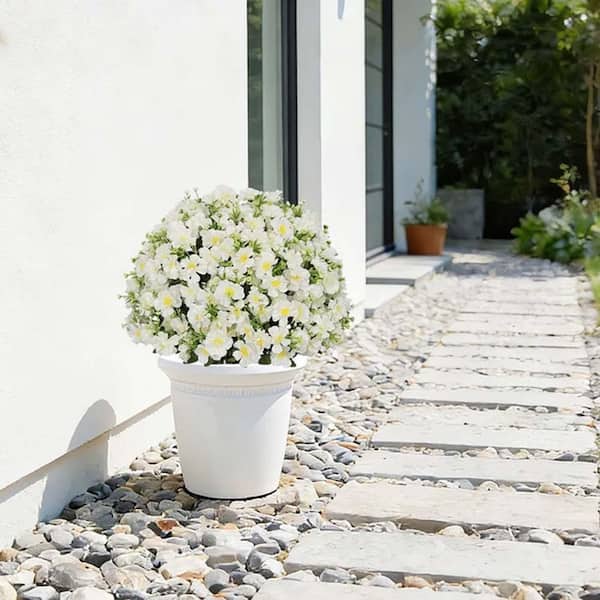 24 in. GreenandWhite Faux Flower Artificial Snow Lotus Potted