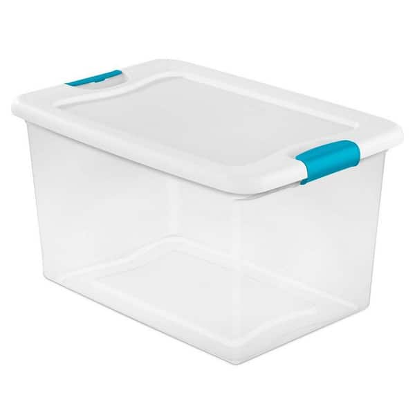 Sterilite 64 Quart Latching Plastic Storage Box, Clear w/ Blue Latches ...