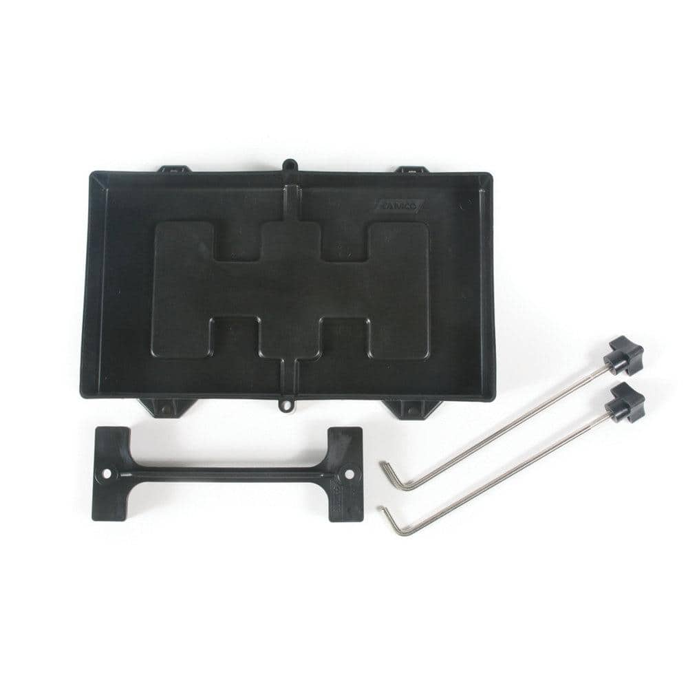 Camco Large Battery Hold-Down Tray | Features a Heavy-Duty Acid-Resistant Plastic Construction  Stainless Steel Hardware  and is Designed for Automotive  RV  and Marine Uses (55404)