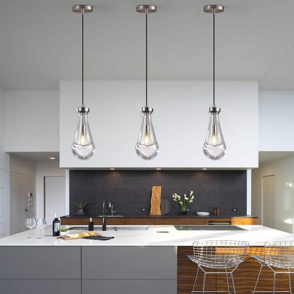 1 Light Kitchen Island Nickel Pendant Light, Raindrop Glass Pendant Light, for Bedroom, Bathroom, Living Room(2-Pieces)