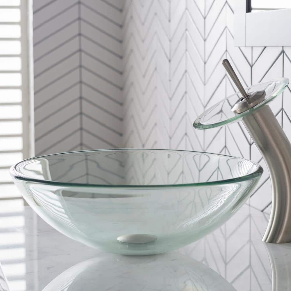 Clear Round Glass Vessel Bathroom Sink, 17-inch