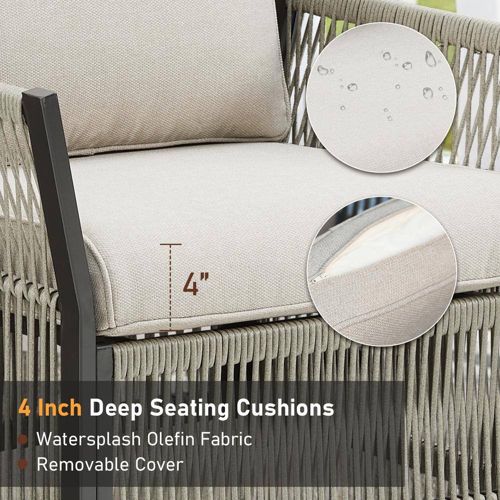 Beige 5-Piece Outdoor Wicker Patio Conversation Set with Cushions