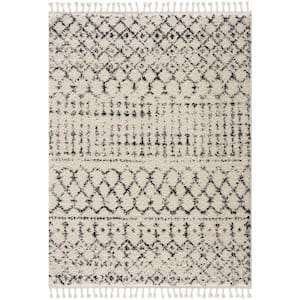 Berber Shag Kibureau 8 ft. X 10 ft. Beige, Black Shaggy Southwestern Bohemian Tribal Style Tasseled Soft Area Rug