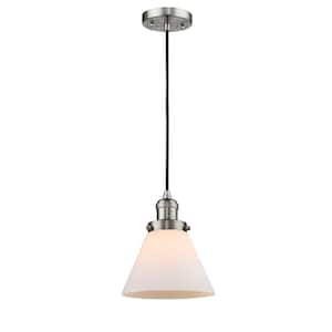 Cone 1-Light Brushed Satin Nickel Matte White Shaded Pendant Light with Matte White Glass Shade