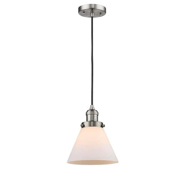 Innovations Cone 1-Light Brushed Satin Nickel Matte White Shaded Pendant Light with Matte White Glass Shade