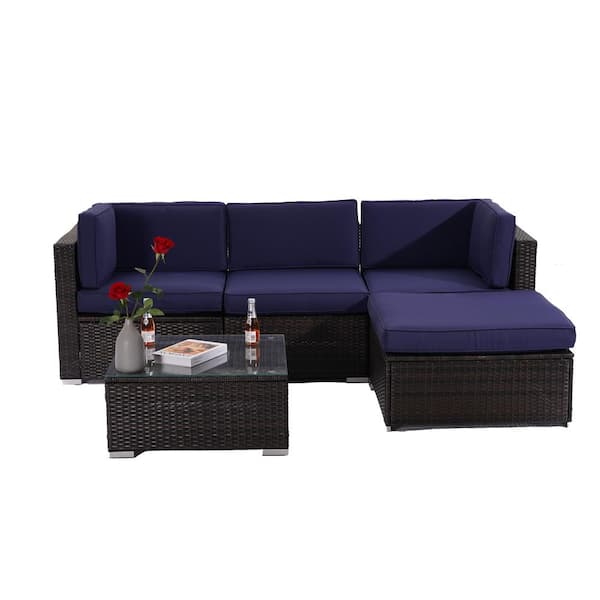 Unbranded 5-Piece Wicker Outdoor Sectional Sofa Set with Dark Blue Cushions