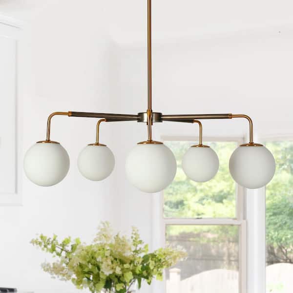 30.7 in. Modern 5-Light Brushed Gunmetal Gray Island Chandelier with White Glass Globes Brass Dining Room Pendant Light