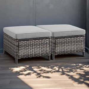 Gray Wicker Outdoor Ottoman with Gray Cushions (2-Pack)