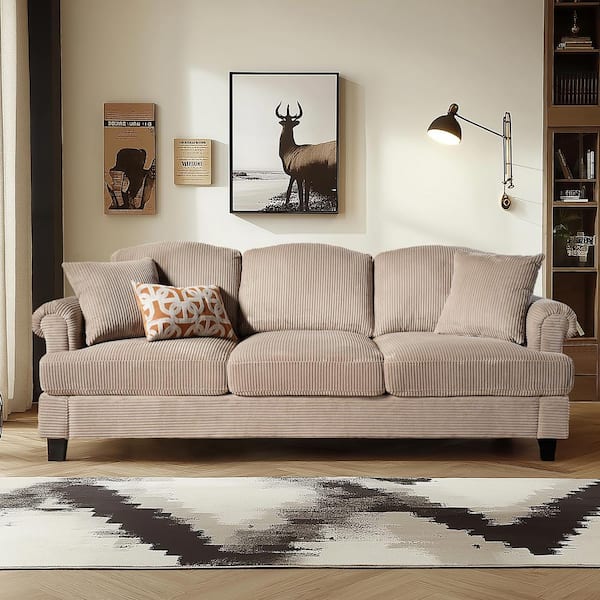 Allwex TATA 91 in. Rolled Arm Corduroy 3-Seater Couch Modern Rectangle Upholstered Sofa in Camel