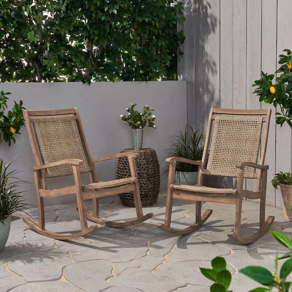 Noble House Lucas Light Brown Wood Outdoor Rocking Chair in Light Multi-Brown Seat Finish (2-Pack)