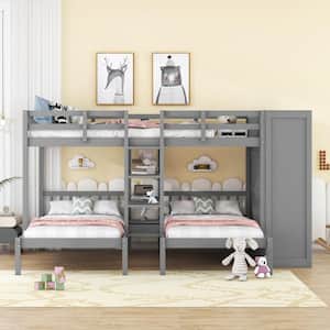 Gray Full over Twin and Twin Wood Bunk Bed with Shelves, Wardrobe, Mirror and Drawers
