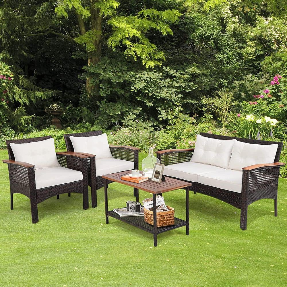 4-Piece Brown Steel Patio Conversation Set with White Cushions