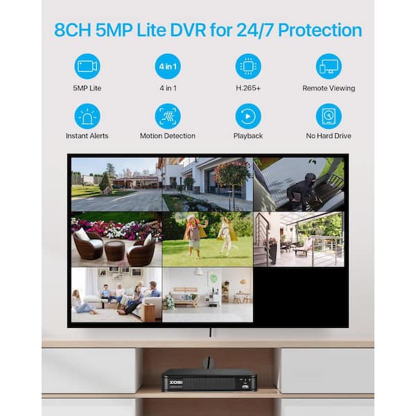 8-Channel H. 265+ DVR Home Security System with 4 Wired 1080P Full HD Outdoor Dome Cameras, 80 ft. Night Vision, Black