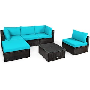 6-Piece Rattan Outdoor Patio Furniture Set with Turquoise Cushions