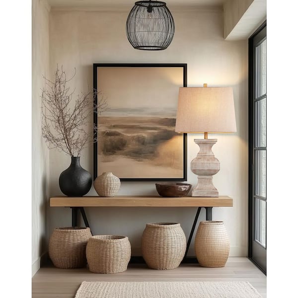 33 in. Large Beige Resin Table Lamp, Rustic Distressed End Lamp with Linen Shade LED Bulb for Living Room Bedroom