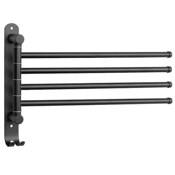 4-Arm Swivel Towel Rack with Hook in Matte Black Space Saving Wall Mounted Towel Holder Rustproof Stainless Steel