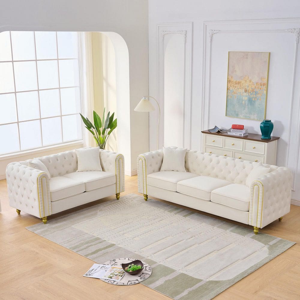 Hayley 2-Piece 86 in. Rolled Arm Velvet Rectangle 3+2 Seater Tufted Loveseat Sofa in Beige with Gold Legs, Pillows