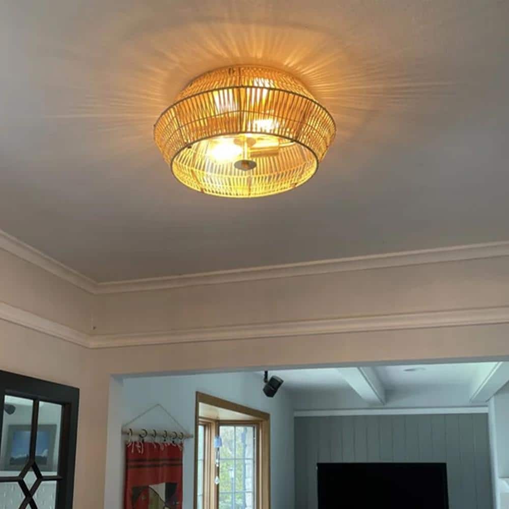 Vintage Brass and Natural Rattan Geometric Cage Flush Mount Light
