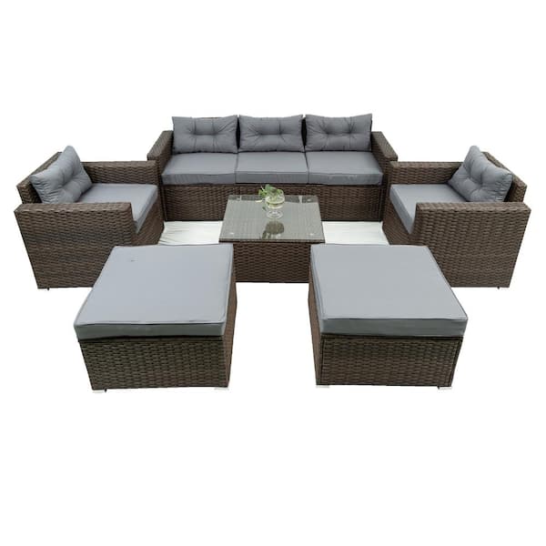 Sireck 6-Piece Wicker Outdoor Sectional Set Sofa Brown with Gray Cushions