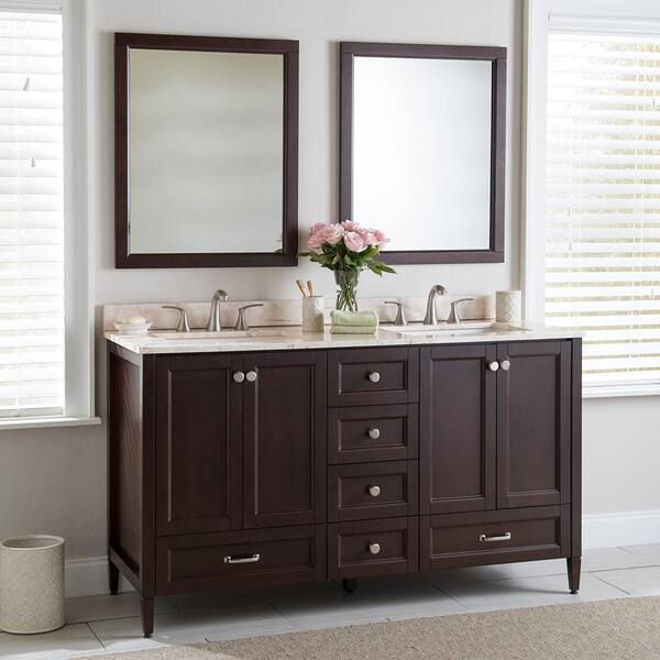 Home Decorators Collection Claxby 61 in. W x 22 in. D Bathroom Vanity in Chocolate with Stone Effects Vanity Top in Dune with White Sink
