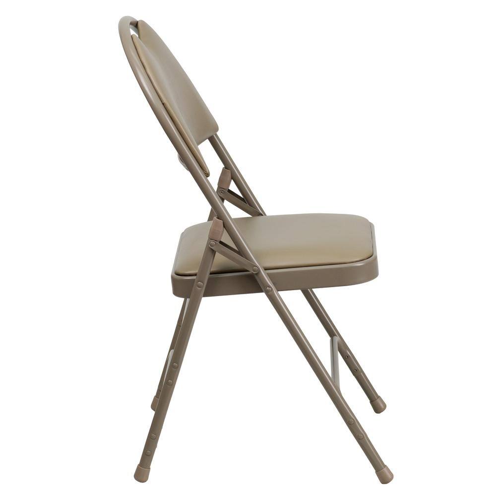 Beige vinyl and metal folding chair shown from a side profile view.