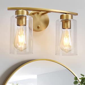Abbate 13.6 in. 2-Light Brass Modern Curved Bathroom Vanity Light Fixtures with Glass Shade