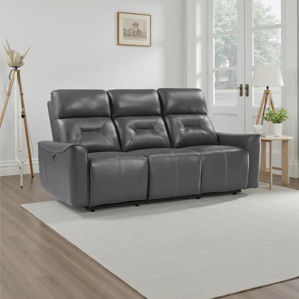 Benjara 81.5 in. Flared Arm Faux Leather Rectangle Power Recliner Sofa in Gray