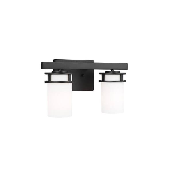 Generation Lighting - Robie 14 in. 2-Light Matte Black Transitional Rustic Wall Bathroom Vanity Light with White Glass Shades and LED Bulbs