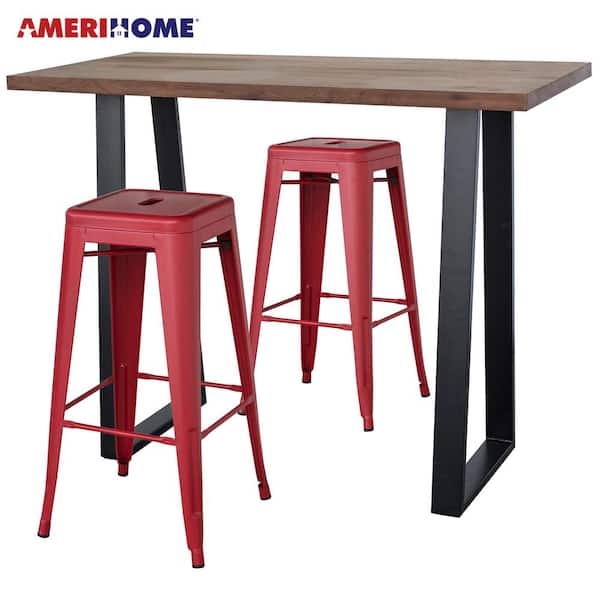 AmeriHome Matte Red Acacia Wood Top Bar Height Pub Set with Matte Red Bar Stools (Set of 3)