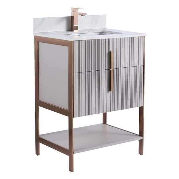 FINE FIXTURES 24 in. W x 18 in. D x 33.5 in. H Bath Vanity in Taupe with White Carrara Sintered Stone Top with Rose Gold Hardware