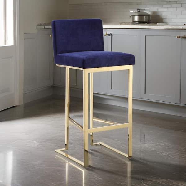 Benjara 30 in. Blue and Gold Low Back Metal Frame Bar Stool with Velvet Seat