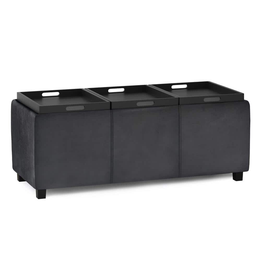 Avalon Distressed Black Faux Leather Large Storage Footstool with Tray