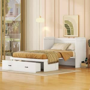 White Wood Frame Full Size Murphy Bed all Bed with Drawer and a set of Sockets USB Ports