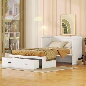 White Wood Frame Queen Size Murphy Bed all Bed with drawer and a set of Sockets USB Ports