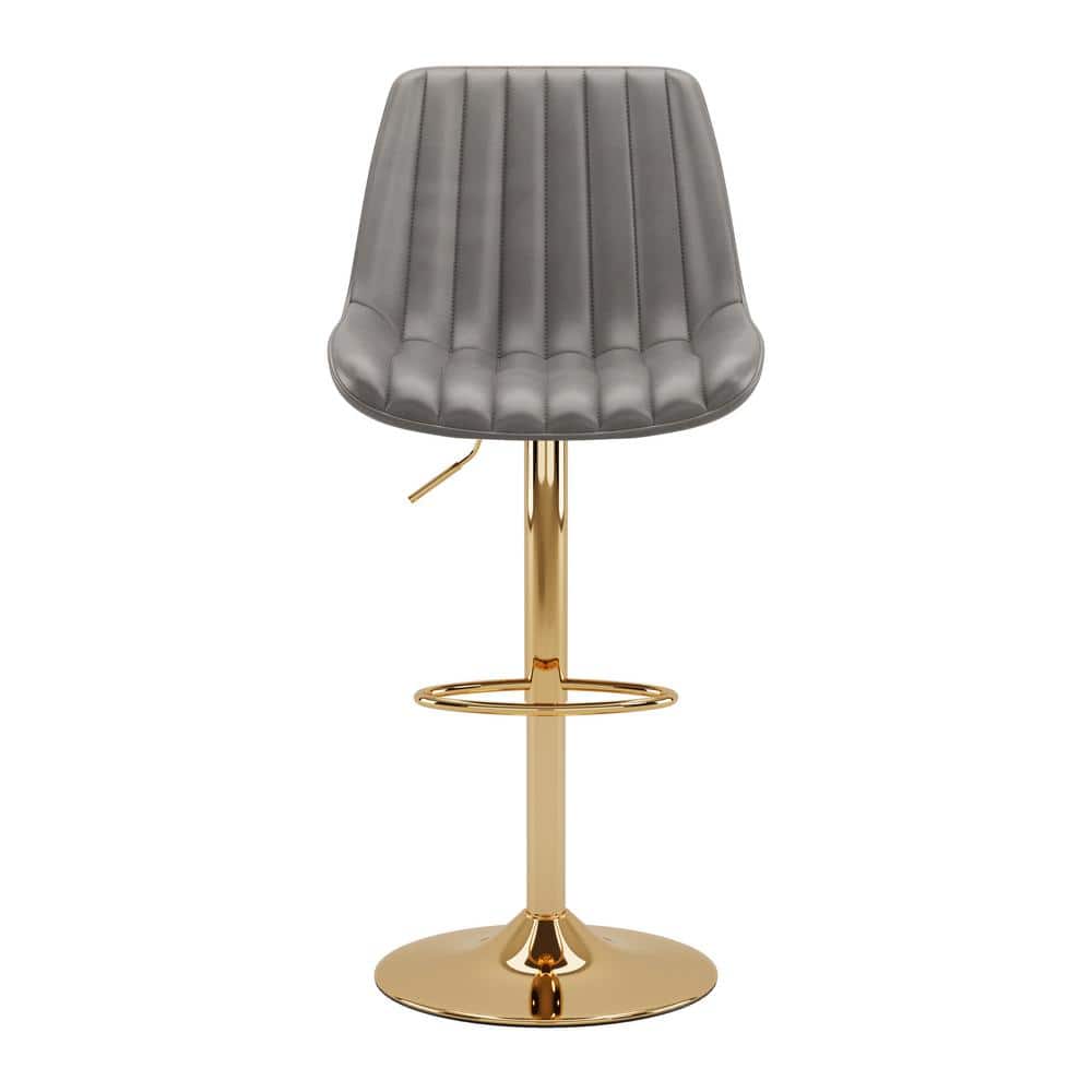 Adjustable Grey Vegan Leather Swivel Bar Stools with Gold Base - Set of 2