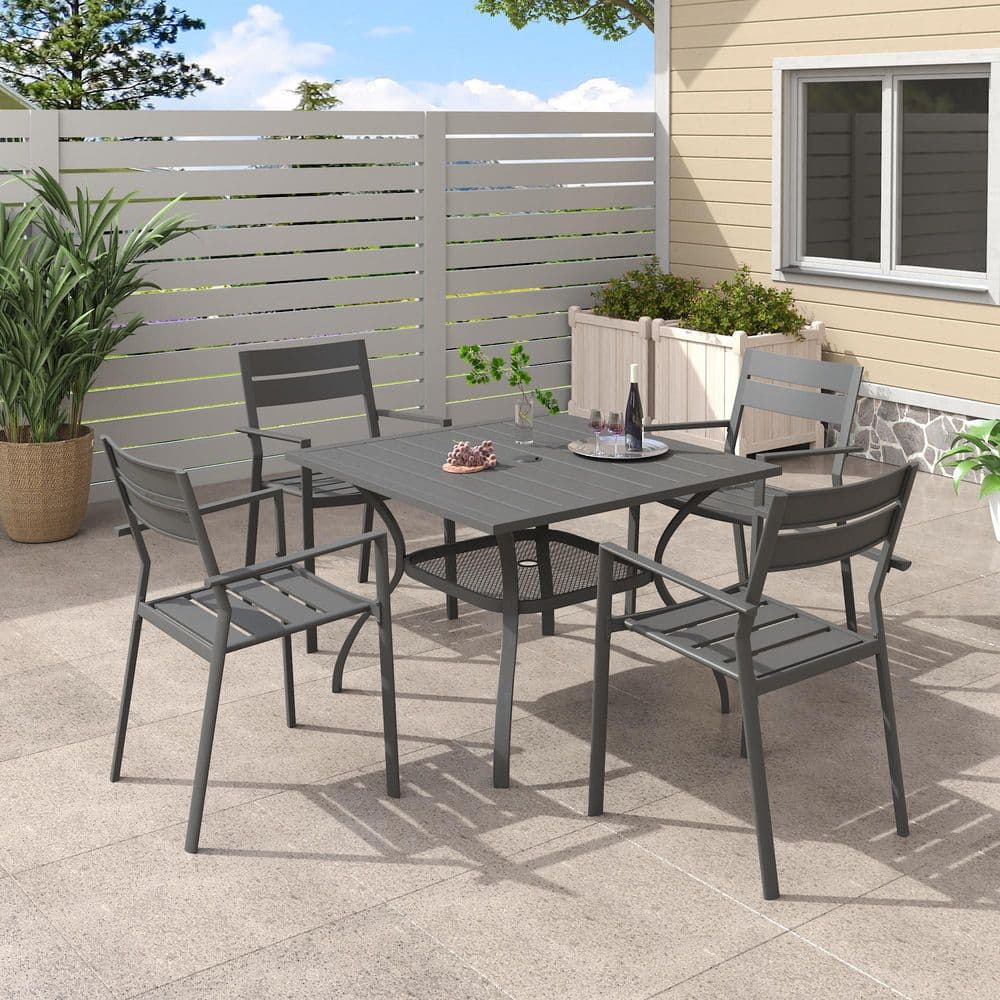 5-Piece Metal Outdoor Dining Set with 37.8 in. Gray Square Patio Table and 4 Gray All-Weather Stackable Dining Chairs price history on PriceWatchPro