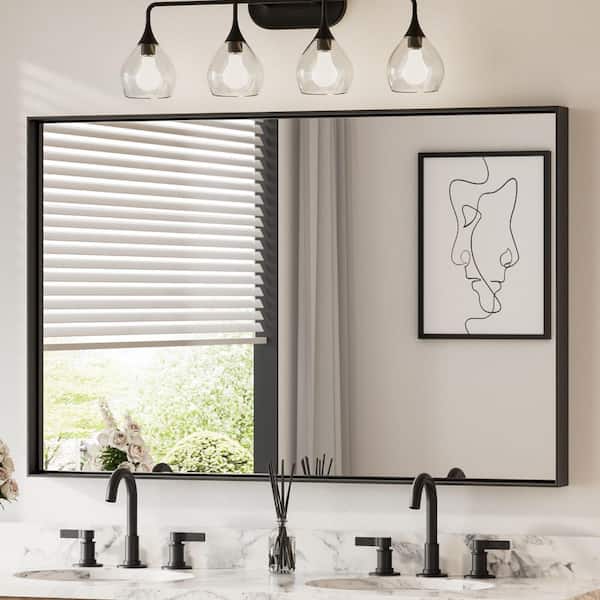KeonJinn 55 in. W x 36 in. H Rectangular Framed Black Mirrors for Bathroom Wall Square Corner Bathroom Vanity Mirror Over Sink