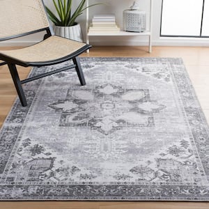 Tuscon Gray/Ivory 8 ft. x 10 ft. Machine Washable Border Distressed Area Rug