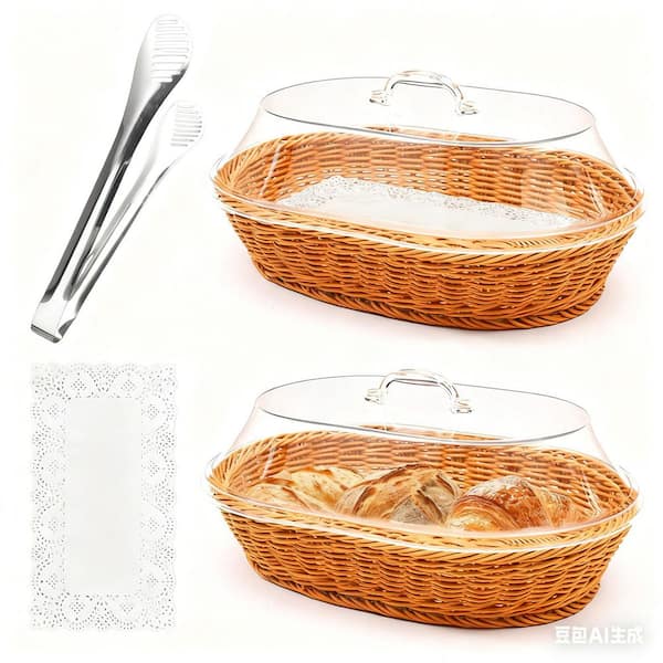 2 Pack 15.75 in. x 11.8 in. Rattan Bread Basket, Oval Woven Baskets with Acrylic Lids for Bread, Fruit, Food Display