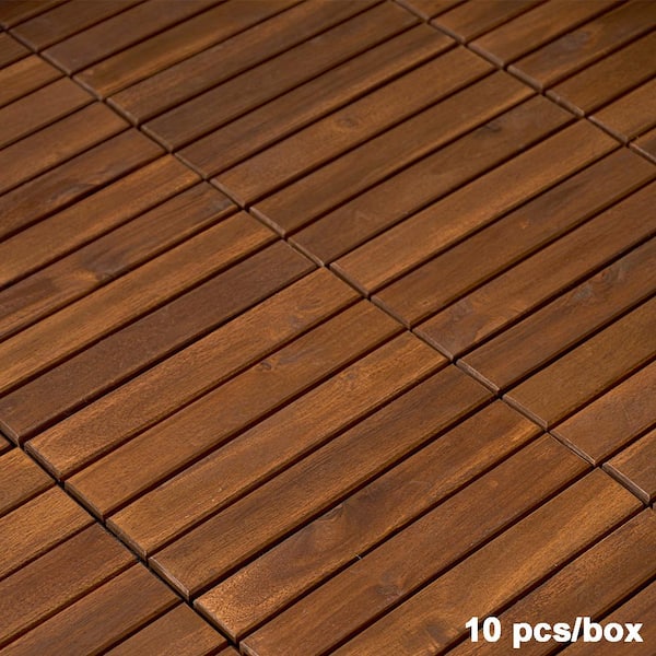BTMWAY 1 ft. x 1 ft. Square Interlocking Acacia Wood Quick Patio Deck Tile Outdoor Striped Pattern Flooring Tile (10 Per Box)