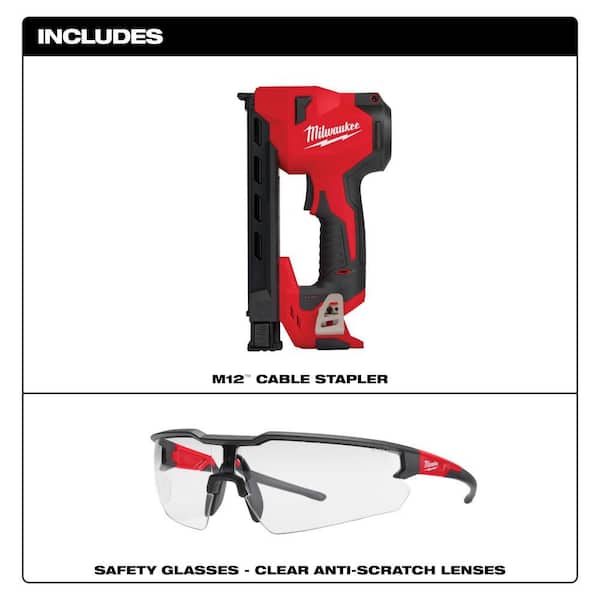 M12 12-Volt Lithium-Ion Cordless Cable Stapler w/ Clear Safety Glasses Anti-Scratch Lenses