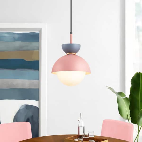 RRTYO Genna 40-Watt 1-Light Modern Pink Shaded Pendant Light Kitchen Island with Frosted Opal Glass Globe Bubble Shade