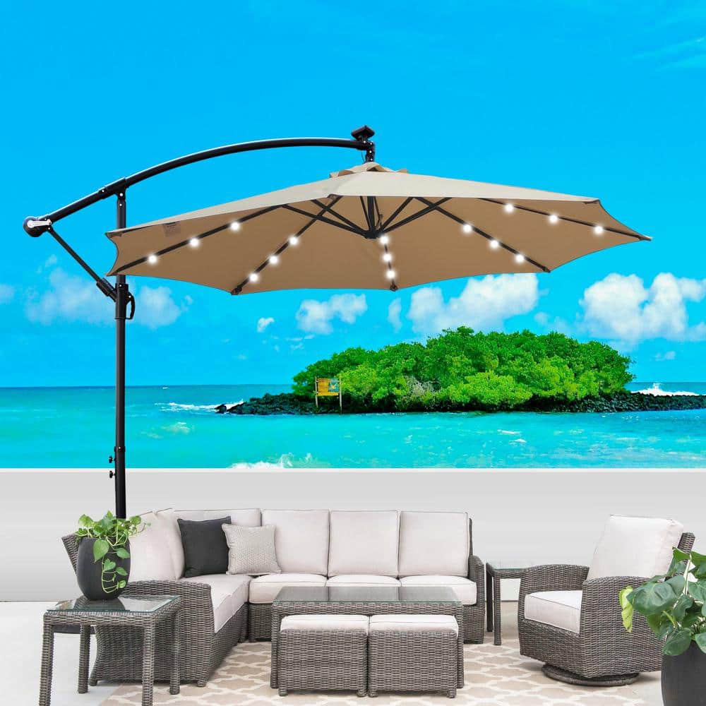 10 ft. Steel Market Solar Tilt Half Patio Umbrella in Tan, Waterproof with 8 Ribs and Crank and Cross Base price history on PriceWatchPro