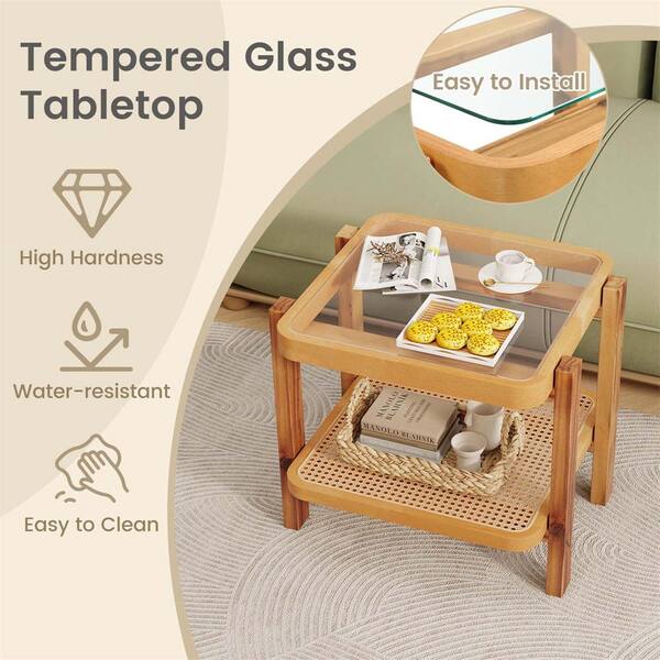 Costway 22 in. Natural Rectangle Tempered Glass Top End