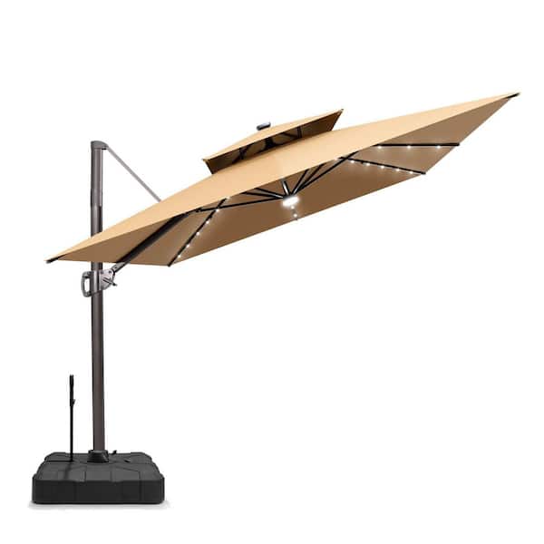 11.5 ft.x 9 ft.Double Top Solar LED Lighted Cantilever Offset 360° Rotation Patio Umbrella in Tan With 300lbs.Base Stand
