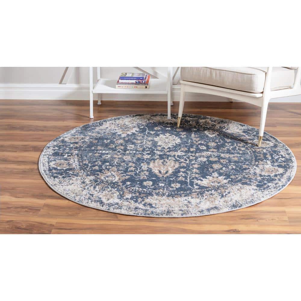 Portland Blue and Beige Round Geometric Synthetic Rug